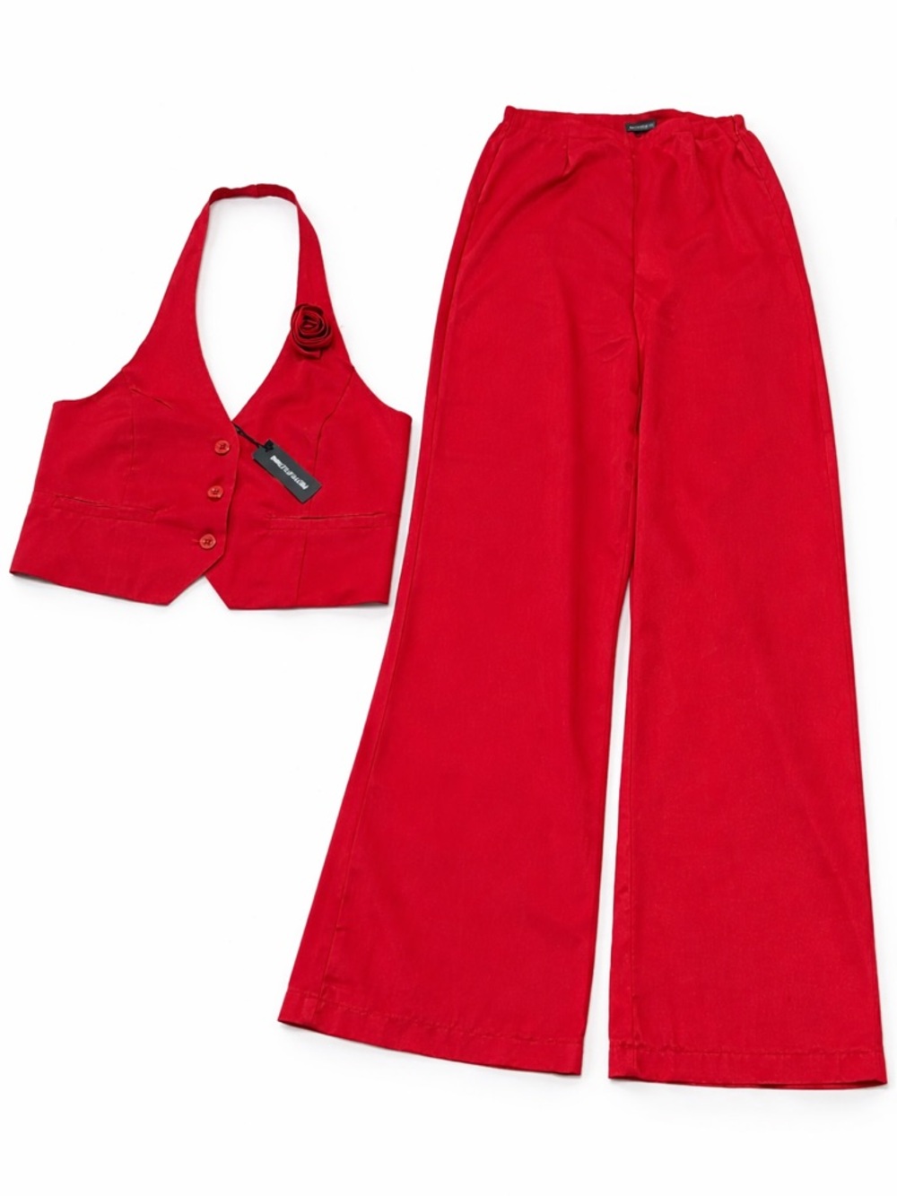 PrettyLittleThing Red Two-Piece Wide-Leg Pants & Halter Vest Set 8
